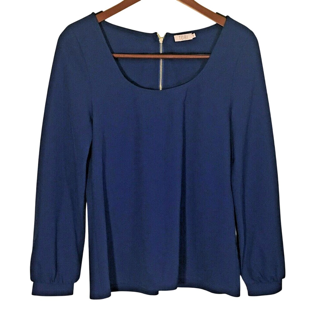 Tobi Navy Blue Scoop Neck Long Sleeve‎ Blouse Gold Back Zip Pyramid Stud Cuffs S
